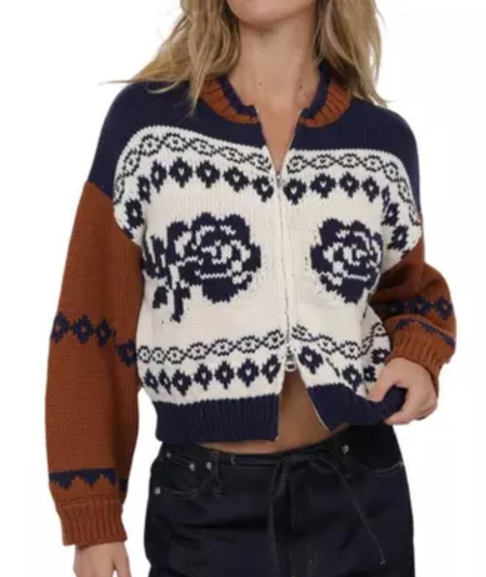Sage The Label Anthropologie Sweet Rose Two Way Zip Cardigan Sweater Crop Med